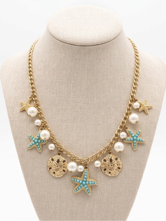 Vintage Jewelry - Vintage Beach Natural Blue Turquoise Starfish Shell Gold Pearl Charm Necklace